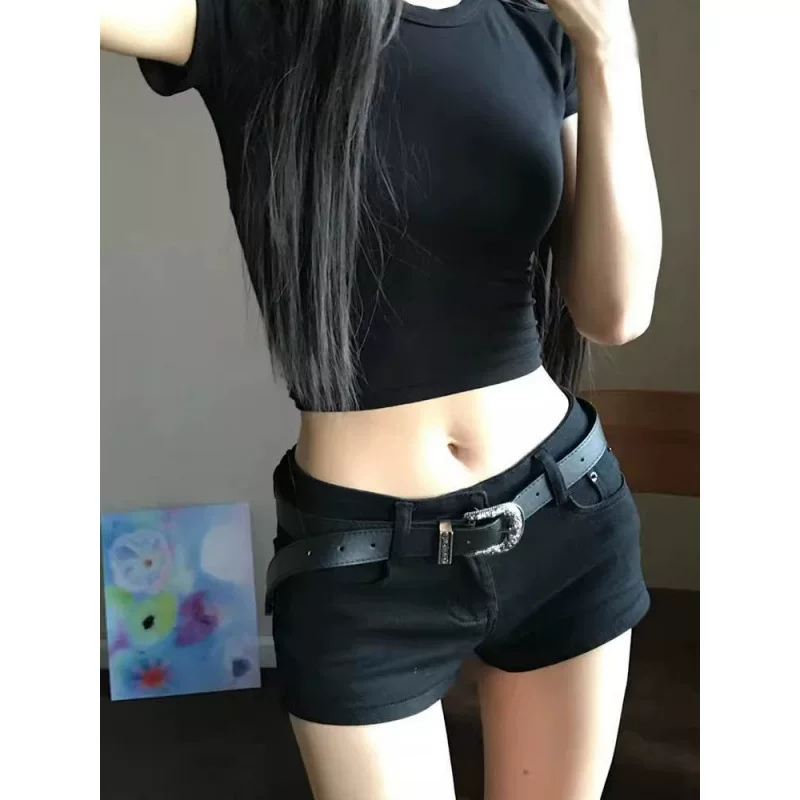 Черные джинсовые шорты, эластичные брюки, американский стиль, обтягивающие