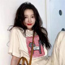 潮牌夏季短袖宽松小众韩系女t恤简约风猫咪图案男女同款一件代发