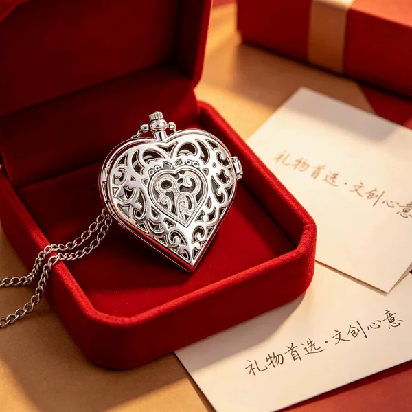 Cross-border bestseller vintage hollow heart-shaped silver pocket watch, creative flip-top quartz hanging chain heart watch, direct factory sale