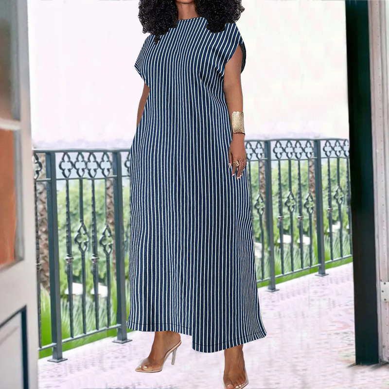 Plus Size Women's Clothing Denim Long Dress Sleeveless Round Neck Striped Pattern_ecoleips.com