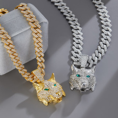 ヨーロッパとアメリカのクロスボーダー 3D 立体動物猫ペンダント亜鉛合金フルダイヤモンドオイルドリップヒップホップマスターキューバチェーンネックレス