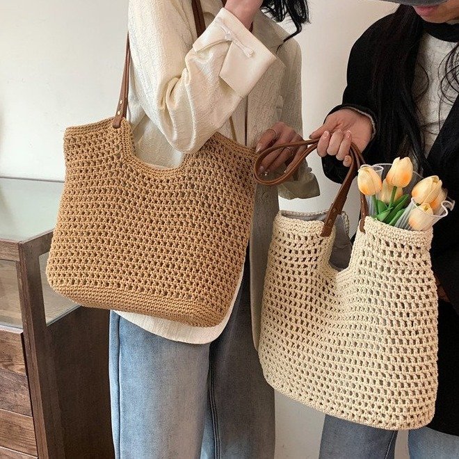 Luxury Hand-Woven Women's Large Capacity Shoulder Bag, Cotton Straw Tote For Vacation And Beach - Thumbnail 4