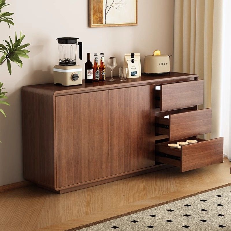Sideboard Against the Wall Integrated Kitchen Storage Cabinet Solid Wood New Chinese Style Ultra-Thin Living Room Side Cabinet Walnut Color Storage Cabinet
