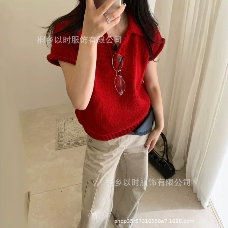【YISHI】2026 Early Autumn Korean Style POLO Collar Pullover Rolled Edge Layered Knit Short Sleeve Solid Color Sweater for Women 【YISHI】2026 Early Autumn Korean Style POLO Collar Pullover Rolled Edge Layered Knit Short Sleeve Solid Color Sweater for Women