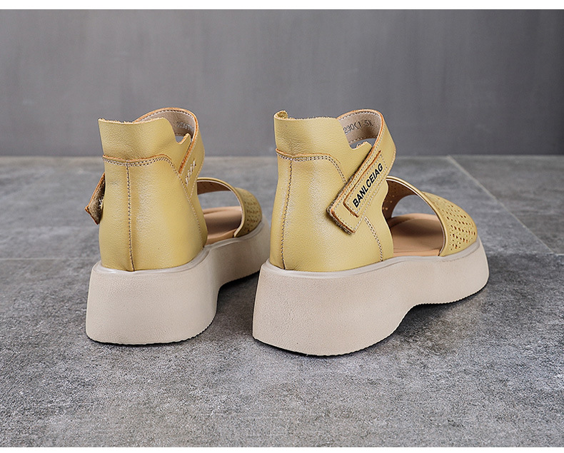 Dép sandal nữ quai chữ V da bò thật, đế mềm Velcro — màu xanh lá cây chi tiết 12