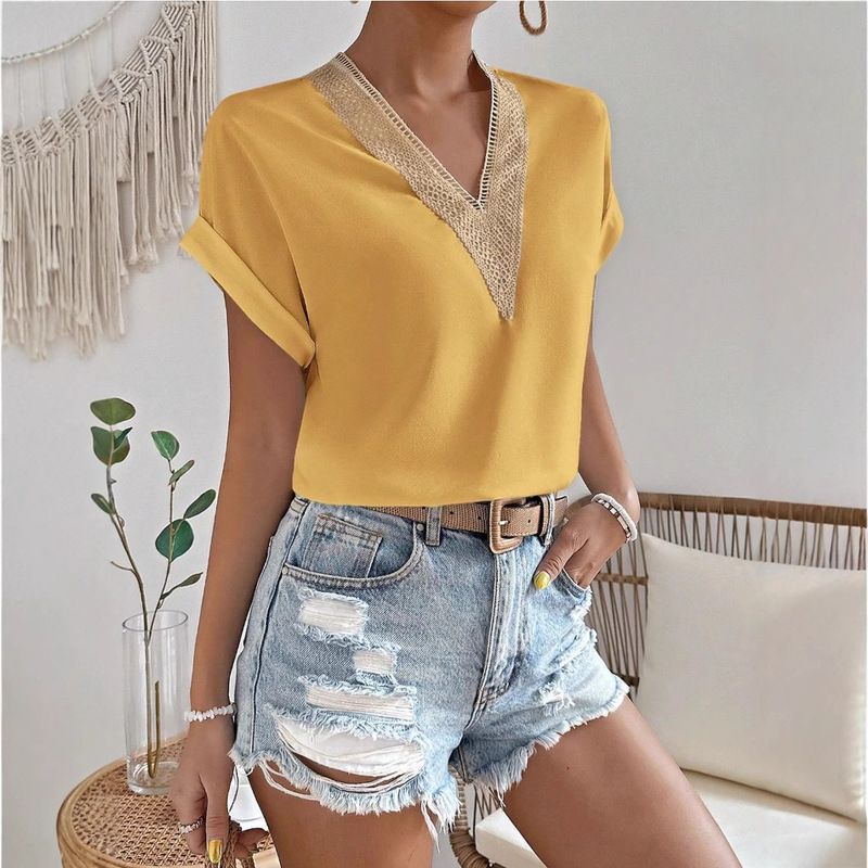 2025 European and American Cross-Border Export Spring and Summer V-Neck Short-Sleeved Pure Color Tops with Patchwork Collar Holiday Wear Shirts