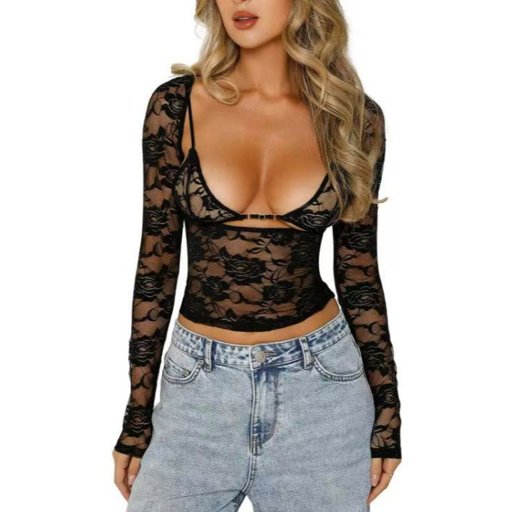 AYJ25T202 Amazon cross-border spring and summer new fashion sexy slim hollow lace collarless tight T-shirt