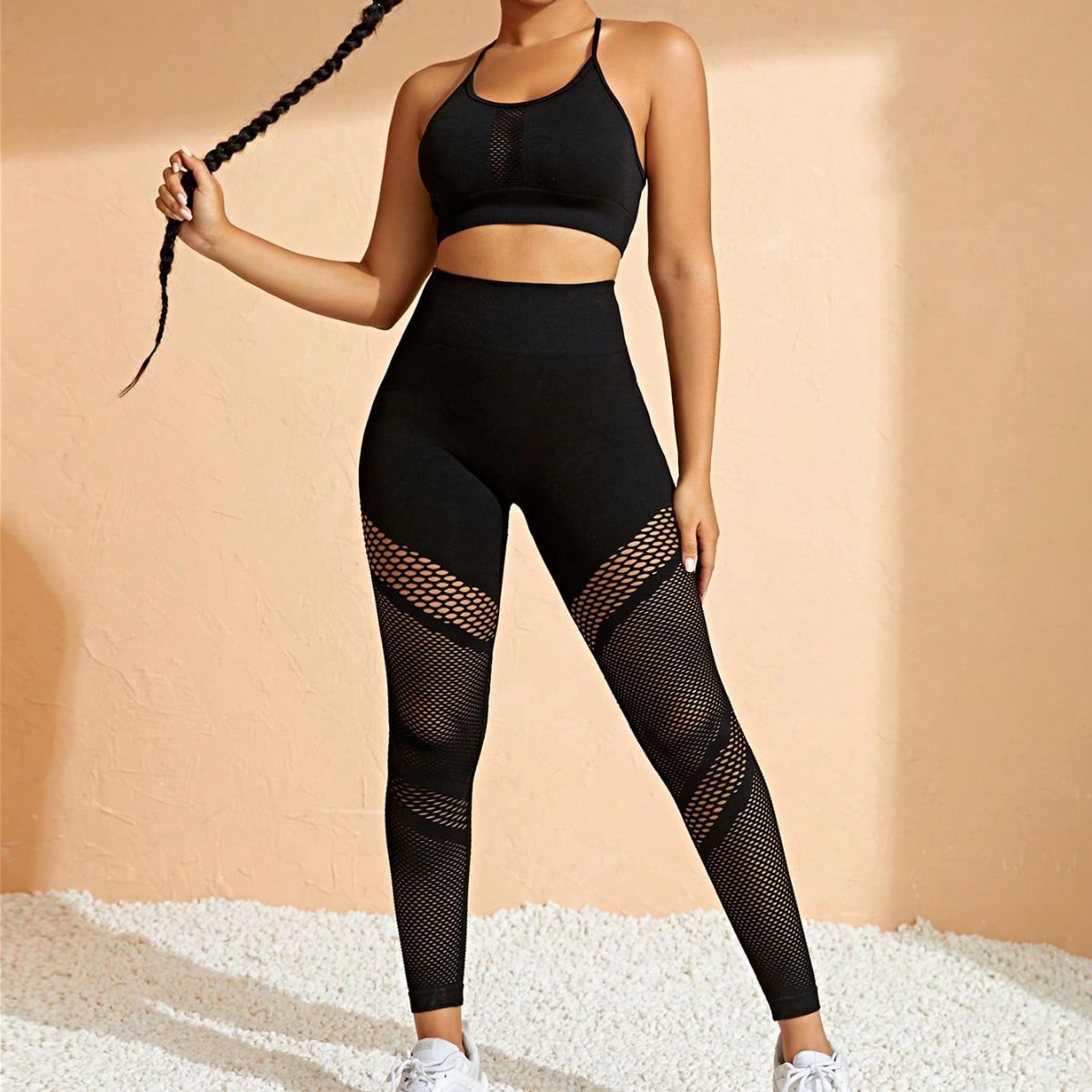 Traje de yoga pantalones de sujetador transpirable hueco para mujer ropa de camuflaje traje de punto sin costuras de fitness expuesto a la cintura