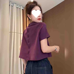 纯棉大码后背排扣设计短袖T恤女2025夏季新款宽松显瘦时尚上衣女