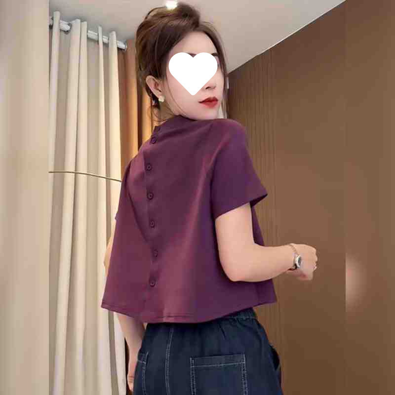 纯棉大码后背排扣设计短袖T恤女2025夏季新款宽松显瘦时尚上衣女|undefined