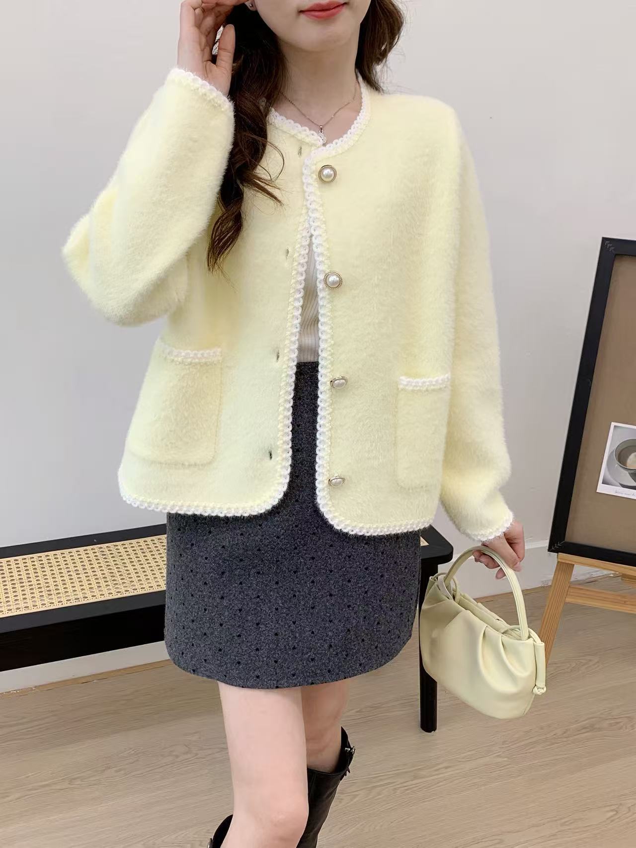 Cárdigan de Punto para Mujer de Imitación de Visón con Cuello Redondo para Otoño e Invierno