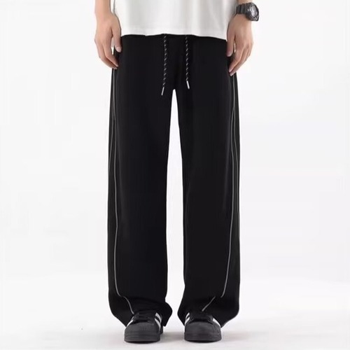 2025 Autumn/Winter New Fleece American Reflective Striped Wide Leg Casual Pants for Men Trendy Loose Straight Leg Pants
