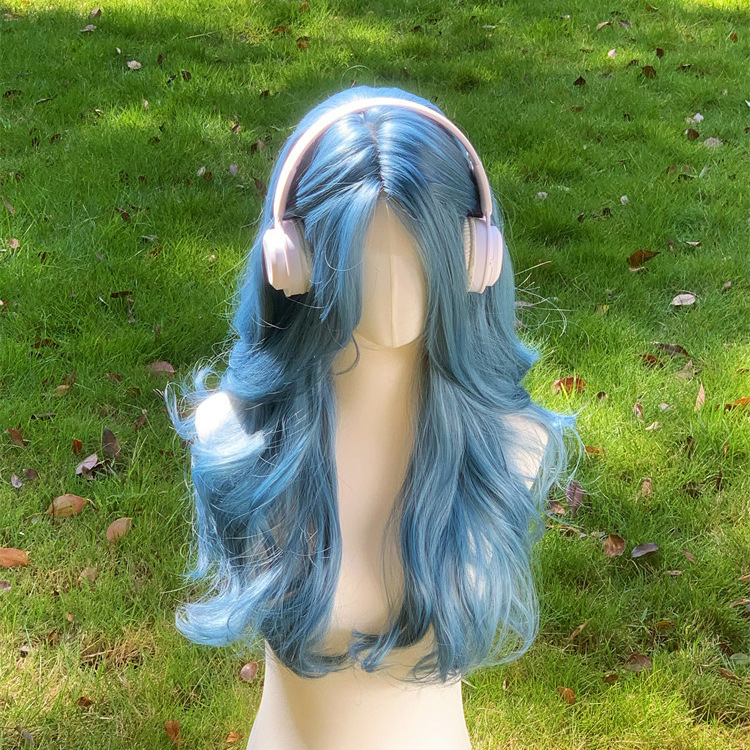 Wig for Girls Full Headgear Natural Seamless Fluffy Mist Blue Summer Cool Atmosphere Long Curly Hair Blue Wig