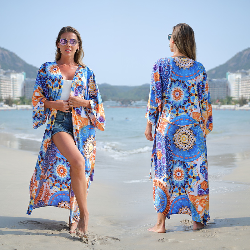 Europa y América elástico impreso sexy cardigan playa camisa de protección solar vacaciones falda bikini traje baño blusa 5D56