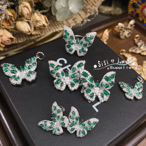SIsi padparadscha pink butterfly set for women, super fairy plated 18K gold micro-paved green spinel Cuic zircon earrings
