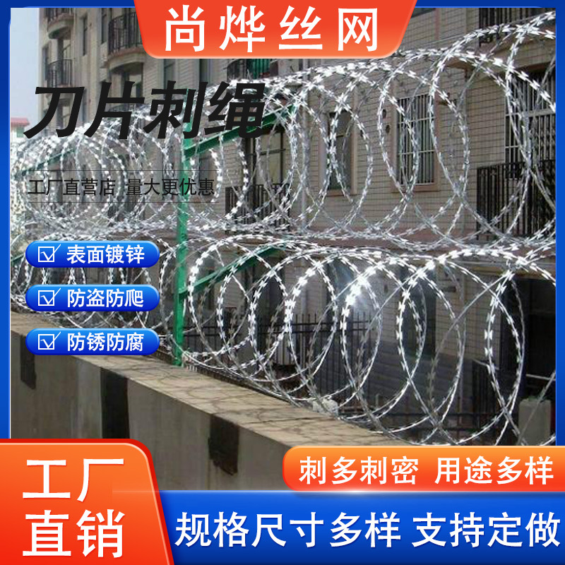 钢丝刺绳铁丝网边境防护网 军事区国界物理围栏蛇腹型刀片刺绳