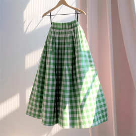 薄荷曼波风高级感超好看高腰A字裙绿色格子亚麻棉麻伞裙半身裙春