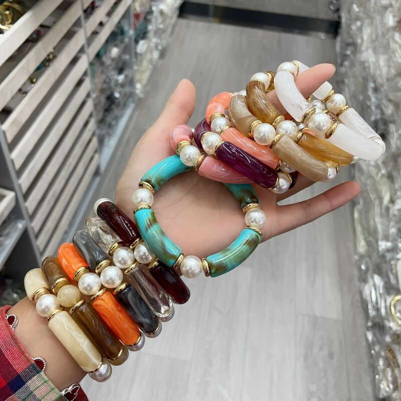 European and American Fashion Stylish Acrylic Elbow Bracelet Curved Bamboo Tube Ladies Pearl Elastic Rope Friendship Bracelet Jewelry