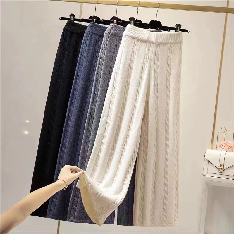 Women's Clothing Retro twisted knit wide leg pants for women autumn and winter new high waist slim loose straight mopping pants casual trousers thick_voghion.com