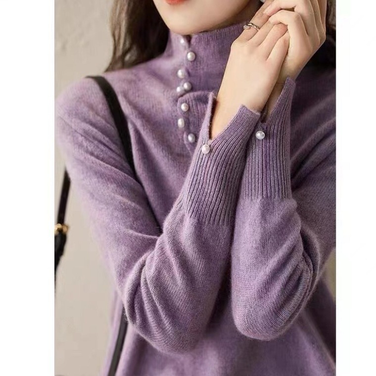 Beautiful online creative craft design button & warm turtleneck comfortable sweater women's autumn and winter fashion top Beautiful online creative craft design button & warm turtleneck comfortable sweater women's autumn and winter fashion top