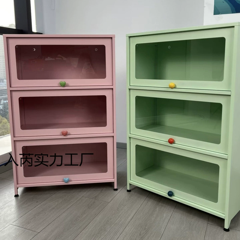 Розовая книжная полка со стеклянной дверью, пылезащитный книжный шкаф, шкаф для хранения в гостиной, железный шкаф для хранения, кремовый стиль, витрина ручной работы