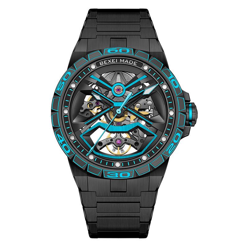 Wandering Earth Collaboration Mechanical Watch for Men, Skeleton Automatic Self-Winding Steel Band Wristwatch, Waterproof Bexei Watch