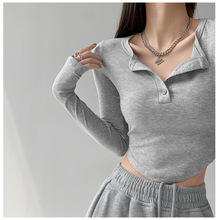 长袖t恤女秋季性感纯欲风半开领内搭打底衫修身少女辣妹短款上衣