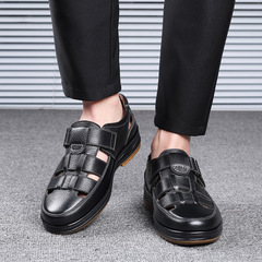 頭層牛皮男士休閒鏤空洞洞鞋涼鞋商務軟皮夏季包頭牛筋底爸爸皮鞋