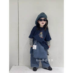 女の子トレーナー子供トップス2025春夏新作男の子フェイクツーピースベビーブルーカジュアルルーズ服トレンディ