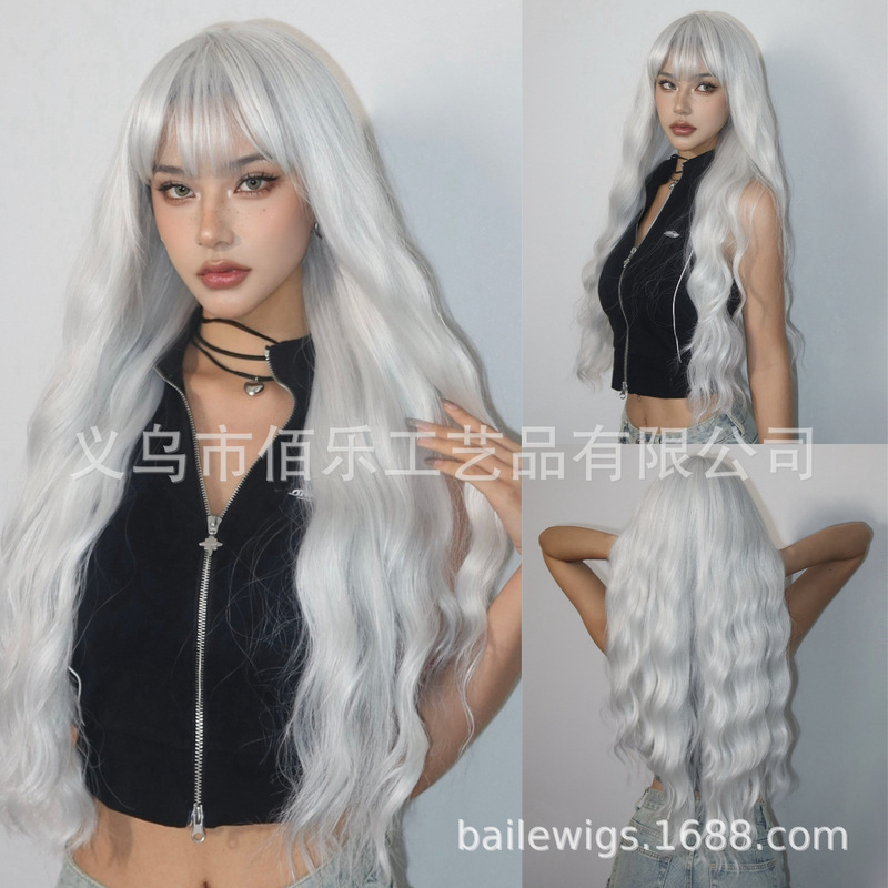 European and American wig full head cover gray white neat bangs big wave long curly hair cos chemical fiber female head cover wigs