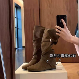 6CM内增高~复古美拉德长筒靴女2026新款不过膝堆堆靴显瘦骑士靴子