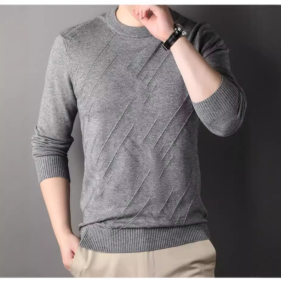 Suéter de hombre, camiseta de fondo, jersey Jacquard de color sólido, camiseta casual de mediana edad, cuello redondo, suéter casual de moda para hombres
