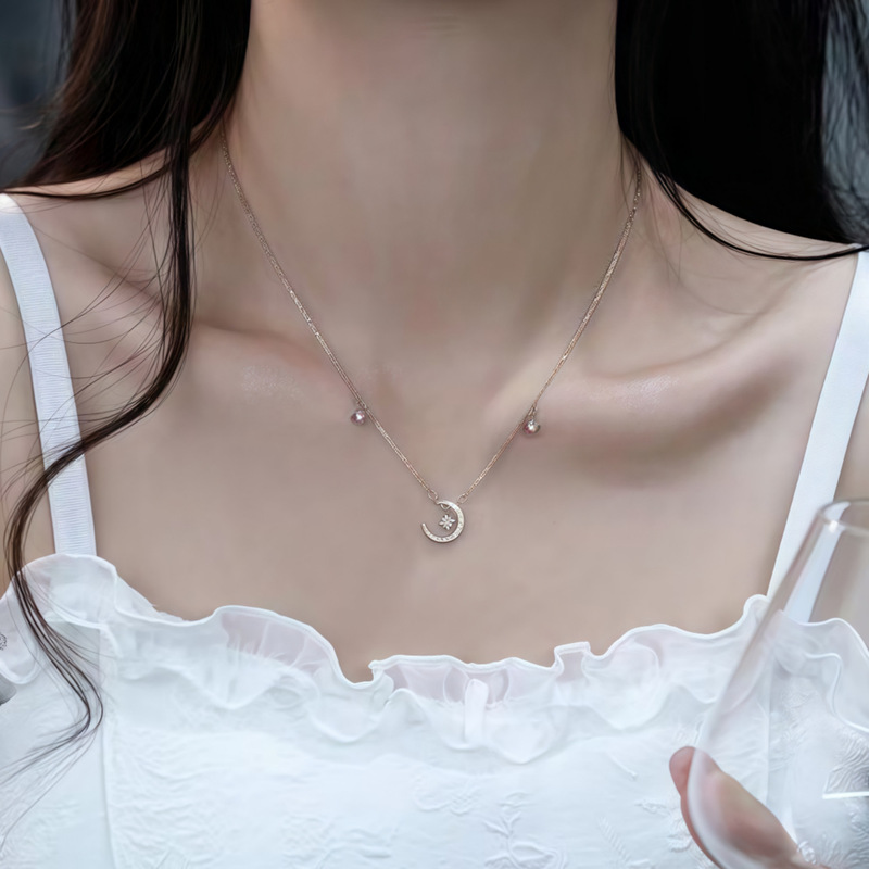 銀貝銀河、星と月が輝く、フルダイヤモンドスターリングシルバーネックレス、女性用、軽い高級感、ハイエンド、ファッショナブルで多用途なペンダント鎖骨チェーン|undefined