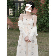 夏季新款森系甜美小清新法式碎花吊带连衣裙收腰长裙气质吊带裙女