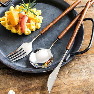 304 Stainless Steel Knife, Fork and Spoon Western Tableware Hotel Entry Luxury Vintage Round Handle Huali Wooden Handle Steak Knife, Fork and Spoon