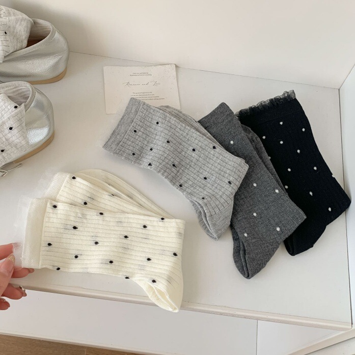 Mekki Summer New Bamboo Fiber Sweat-Absorbent Polka-Dot Lace Ruffled Vertical Strip Women's Socks Breathable Mid-Calf Thin Socks