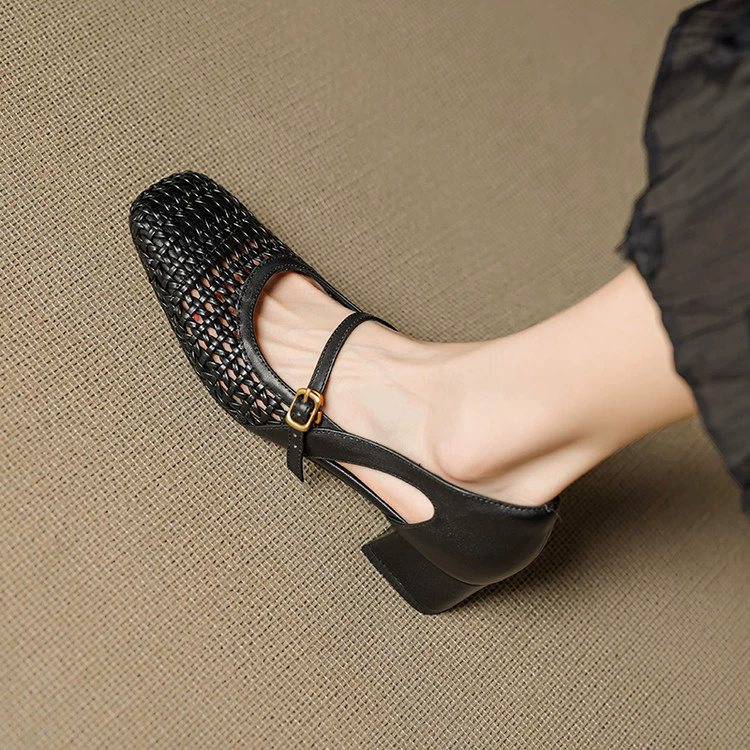Французские Mary Jane Croc обувь с плетением Hollow Weave 2025 весна и лето, новые квадратный носок, пряжка одной стороны, обувь на среднем каблуке