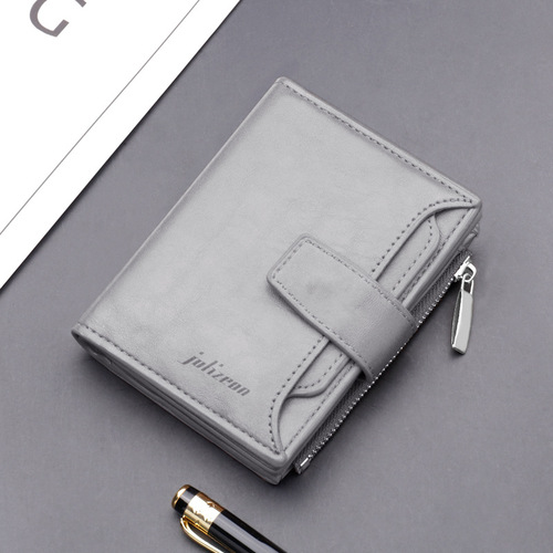 Zipper wallet wallet men's short multi-card button leather wallet multi-functional leather gray wallet wholesale