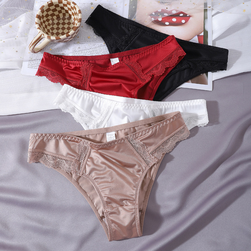 European and American Cross-Border Popular Silky Satin Panties for Women, Silk-Like Texture, Sexy Lace Briefs, Breathable and Comfortable Shorts