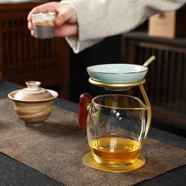 创意紫砂陶瓷茶叶过滤器全瓷铁艺一体茶宠茶滤摆件精品套装公道杯