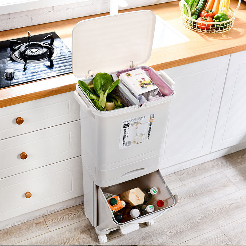 Japanese-Style Kitchen Trash Can with Press-Type Lid for Household Dry and Wet Separation, Three-Layer Double Bin, Large Size with Lid for Kitchen Waste Japanese-Style Kitchen Trash Can with Press-Type Lid for Household Dry and Wet Separation, Three-Layer Double Bin, Large Size with Lid for Kitchen Waste
