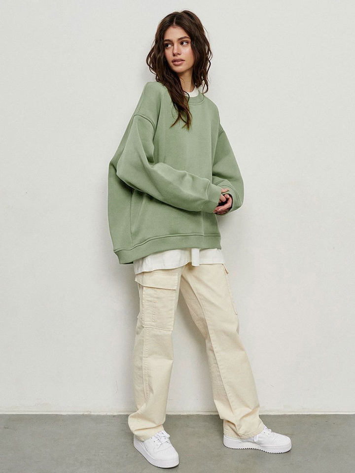 Áo sweatshirt nữ cổ tròn dáng rộng oversize tay dài chất liệu nỉ lông — Hoa màu xám, Màu cà phê, Màu trắng, Xanh navy chi tiết 44