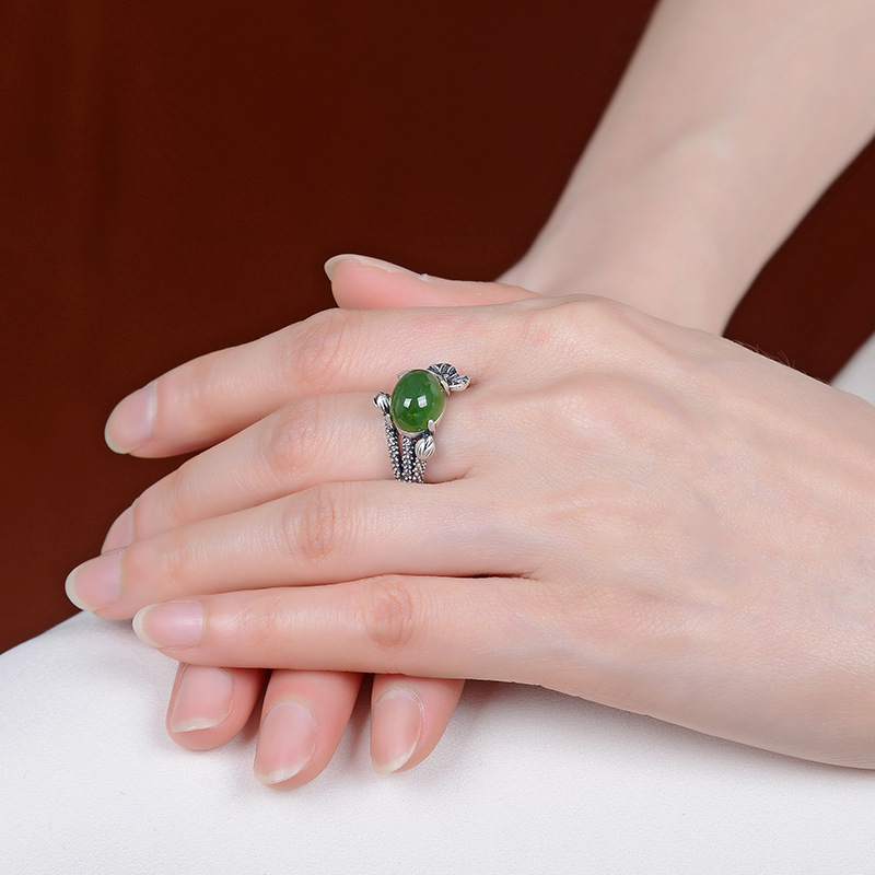 Nhẫn nữ bạc S925 đính ngọc bích và đá jasper phong cách hoa sen — Mở một size