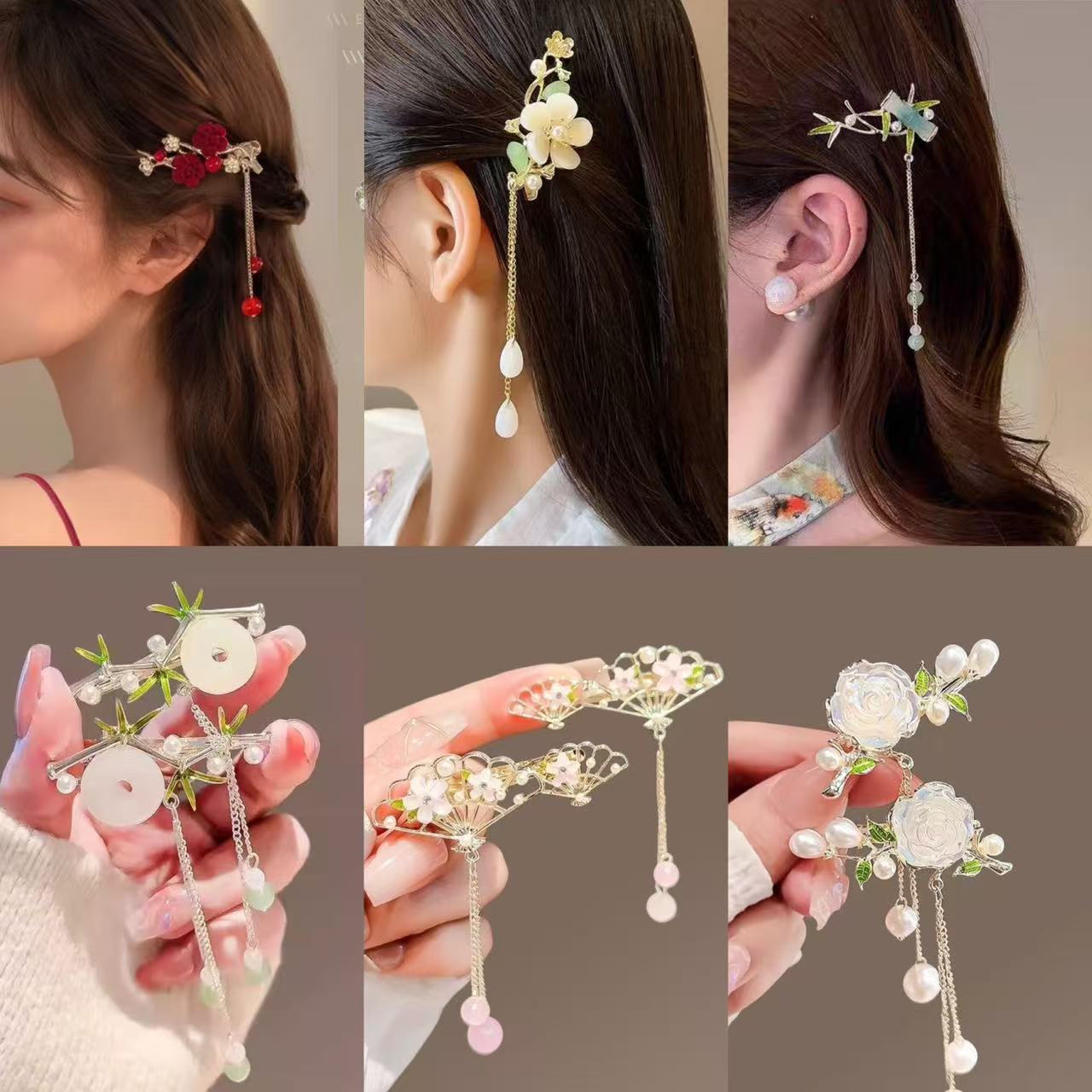 camellia duckbill clip ancient style side clip female new chinese hanfu horse-face skirt high sense tassel hairpin hair accessories