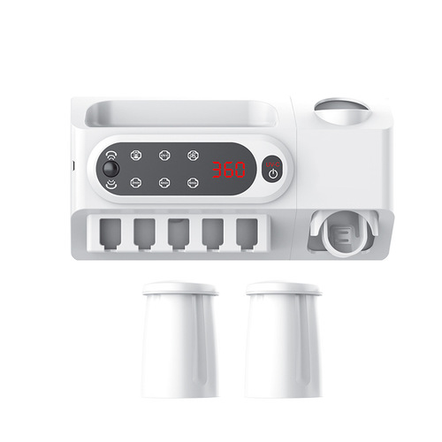 Wall-mounted antibacterial toothbrush sterilizer, smart UV disinfection unit for bathroom—hygiene, punch-free design, automatic toothpaste dispenser, and storage rack