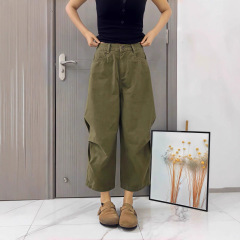 军绿色牛仔裤女2025春秋新款欧货大码胖mm宽松高腰哈伦阔腿九分裤