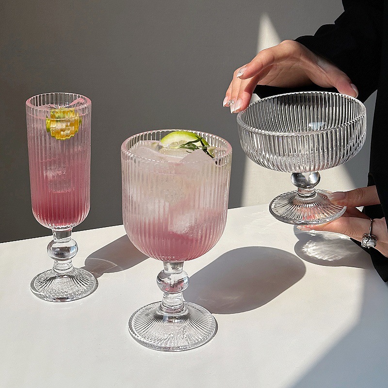 Ins 복고풍 유리 수직 그레인 잔 레드 와인 잔 와인 잔 주스 컵 아이스크림 차가운 음료 컵 물 컵