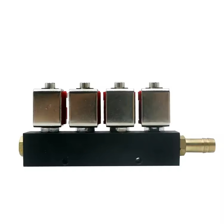 LPG/CNG four-cylinder injection unit with red coil and black rail, unmarked, oil-to-gas four-cylinder gas injection rail