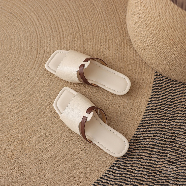 Dép sandal nữ xỏ ngón đế bệt phối màu hở mũi thời trang — màu trắng ngà, màu mơ chi tiết 61