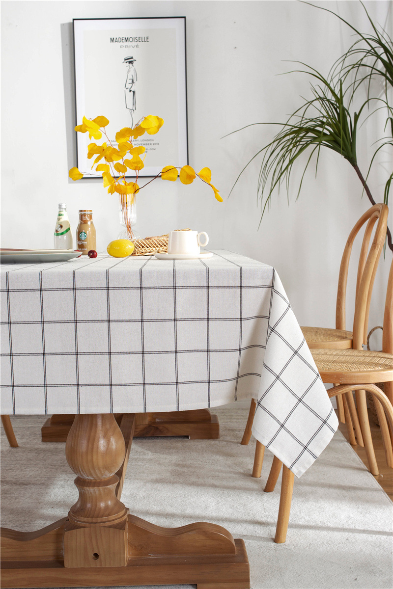 Tovaglia rettangolare geometrica a quadri a doppia linea in cotone-poliestere con bordo arrotolato, ideale per tavoli da pranzo e tavolini da caffè._voghion.com